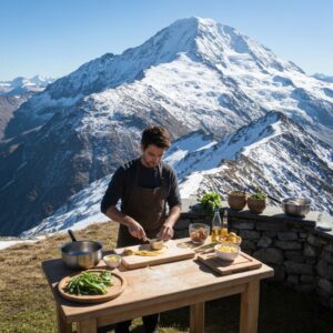 Chef cooking pasta outdoors with mountain backdrop.